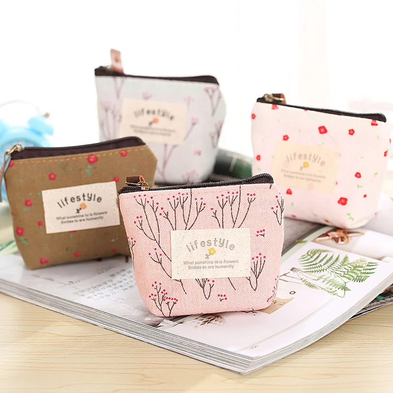 Women Fashion Flower Coin Purses Small Canvas Coin Wallet Lady Girls Earphone Coin Key Storage Bag Zipper Pouch Clutch Holders