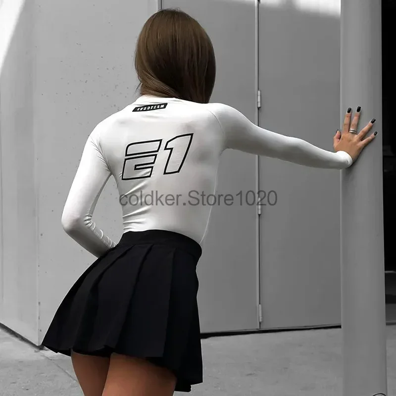 جديد موتو السائق مطبوعة تي شيرت أبيض للنساء الفتيات الساخنة 2025 كم طويل نحيل تيز مثير شارع العليا ملابس علوية غير رسمية الشارع الشهير #4