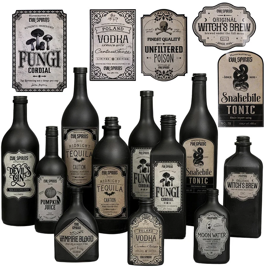 12 Stück Halloween-Flaschenetiketten, Vintage-Apotheker-Etiketten, Gruselige Tiertränke für Partygeschenke, Verpackungen und Fotorequisiten