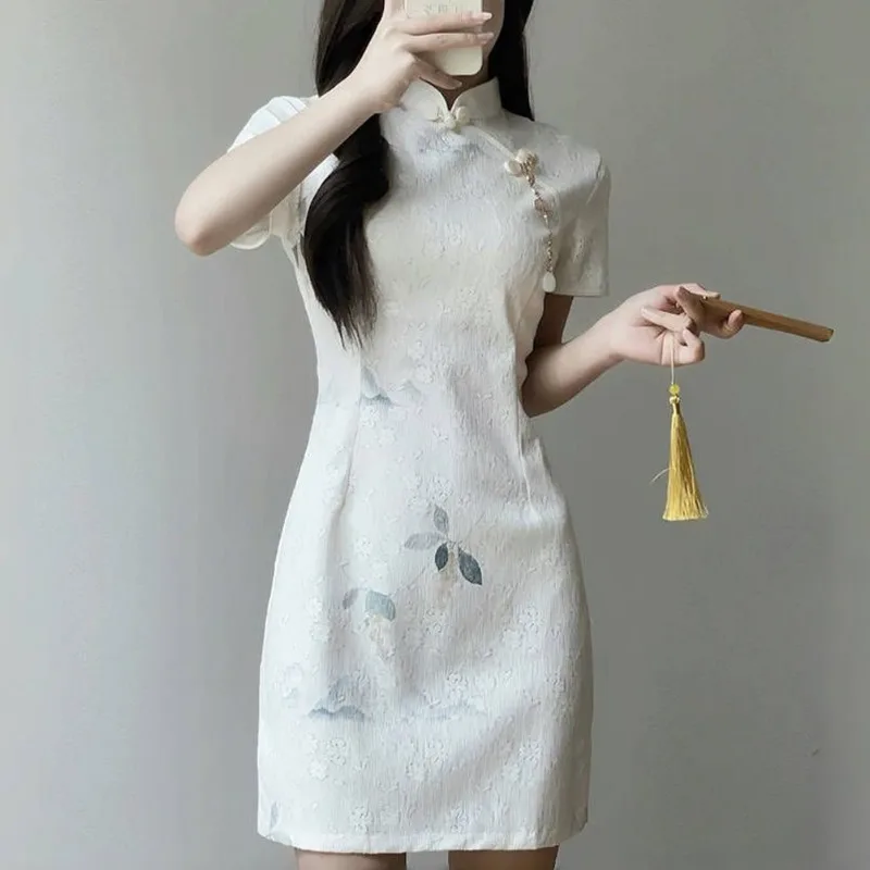 Damen Neuer Chinesischer Stil Verbessertes Cheongsam Vintage Blumendruck Schlankes Minikleid