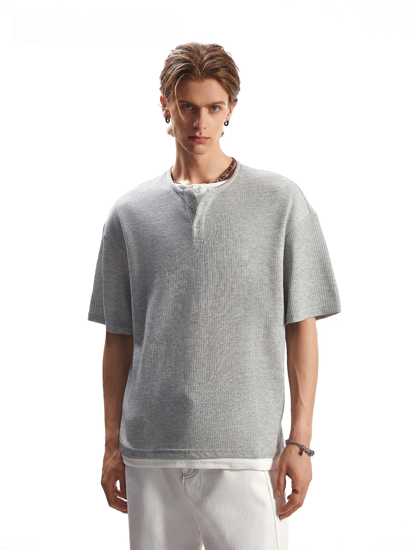 SDMADE American Retro Style Henry Collar Short Sleeve T-Shirt Unisex Summer Loose Casual Top Sweat Absorbent Cotton Blend