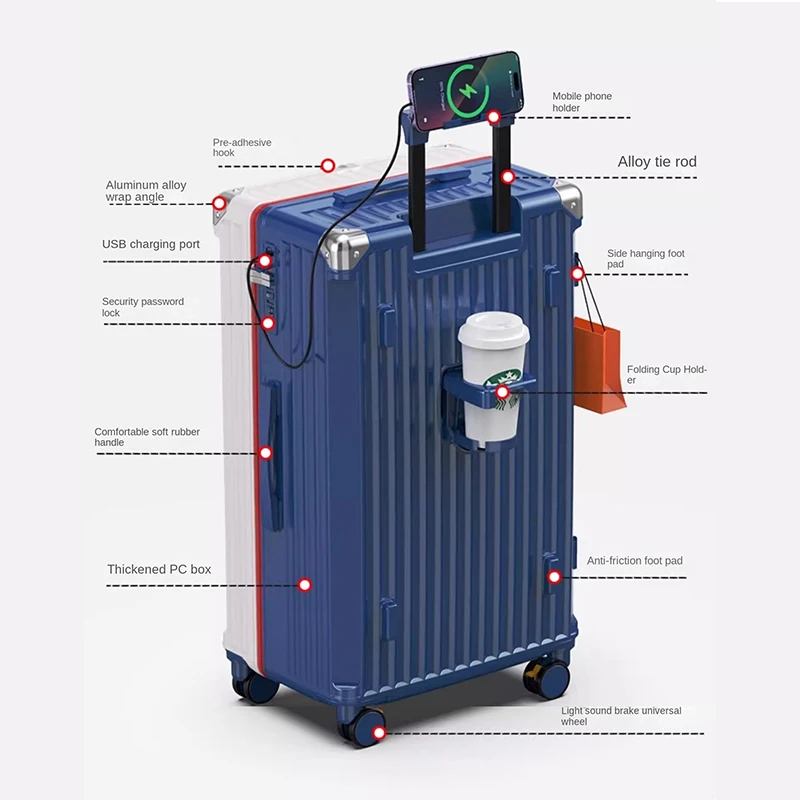 2025 New Luggage 32 Inch Large Capacity Travel Trolley Case Thickened Expansion Zipper Lockbox USB Charging with Cup Holder