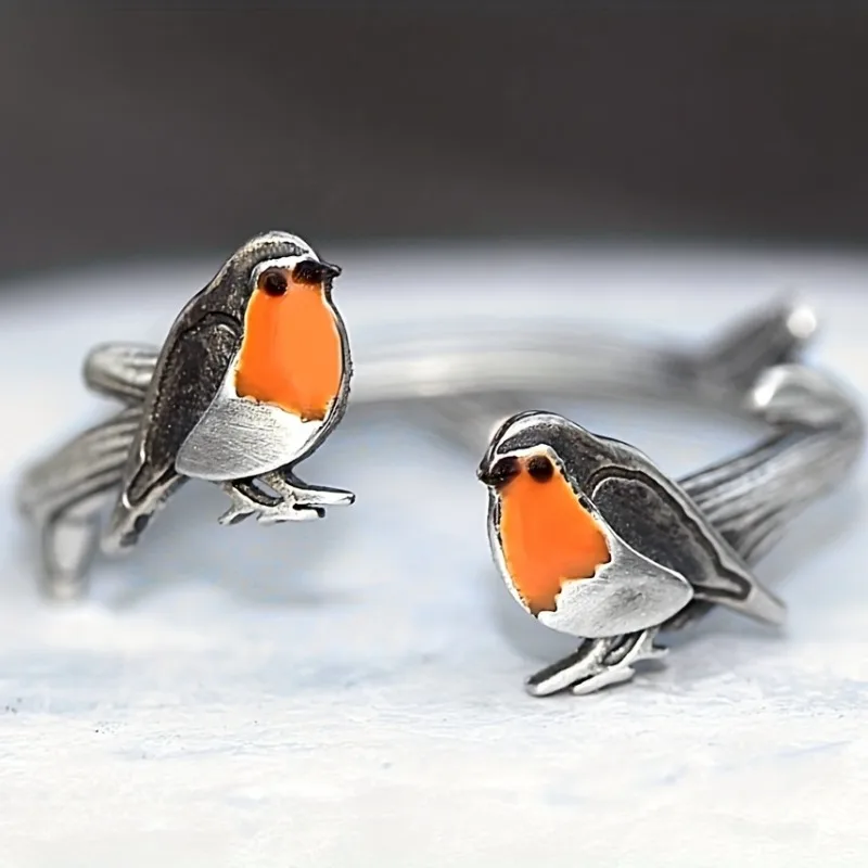 Vintage Cuff Ring Cute Loving Birds Design Oil Dripping / Enamel Craft Suitable For Men And Women Match Daily Outfits Adjustable