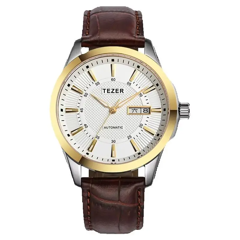 TEZER Men Automatic Watch | Brown Leather Strap | Two Tone Gold Bezel | Day Date Window Business Wristwatch
