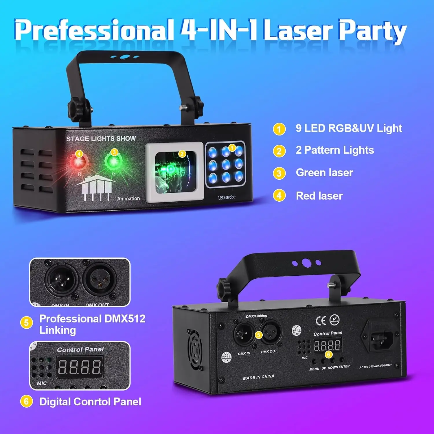 12 lenti DJ Disco Party Stage Light Strobe Laser LED con telecomando Suono DMX RGB per interni Bar KTV Music Show Feste