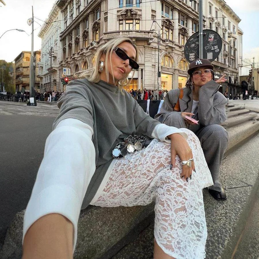 

White Lace Hollow out Back Split Skirt Commute Style mid Waist H-Shape Batwing Sleeve PVC Fabric Travel Suitable