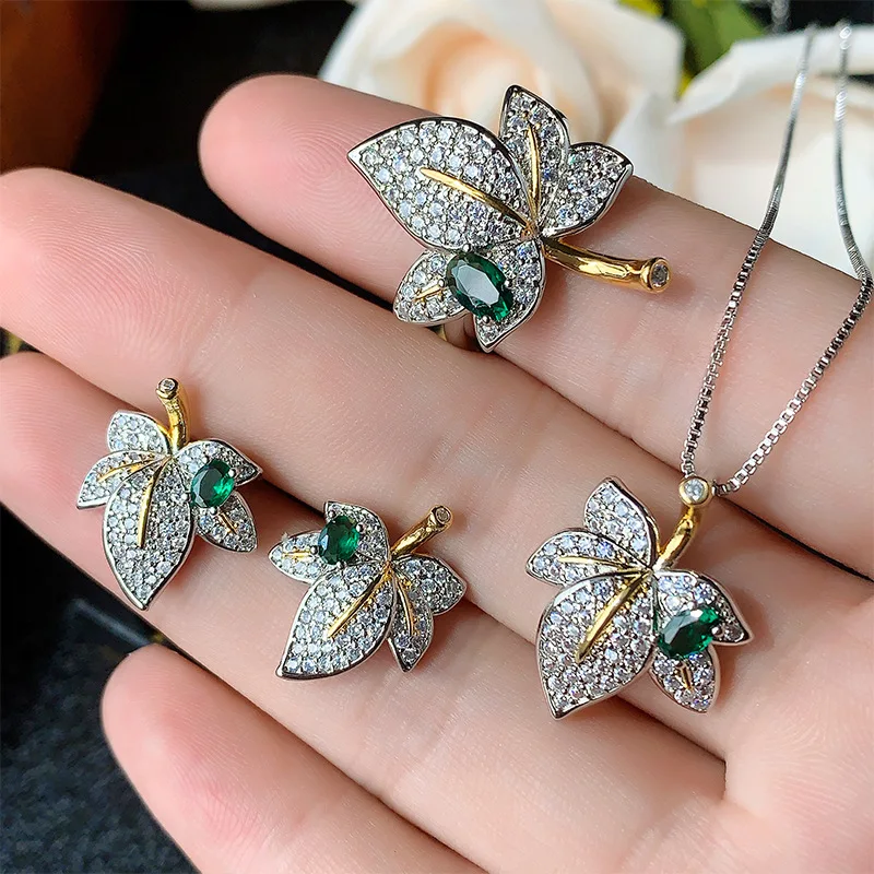 

Autumn Winter New Jewelry Set Decorations Maple Leaf Shape Earrings Necklace Ring Fashion Light Luxury Emerald Women's Wholesale