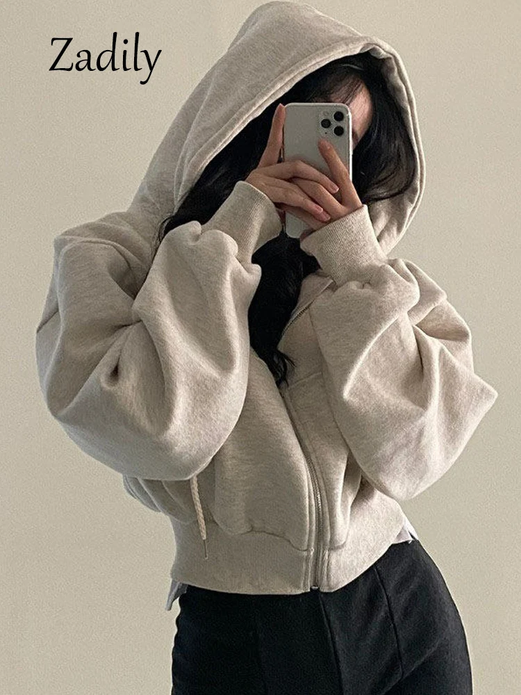 2024 Autumn Streetwear Full Sleeve Women Short Hoodies Y2K Zipper Up Loose Cardigan Solid Color Female Coat BF Clothing