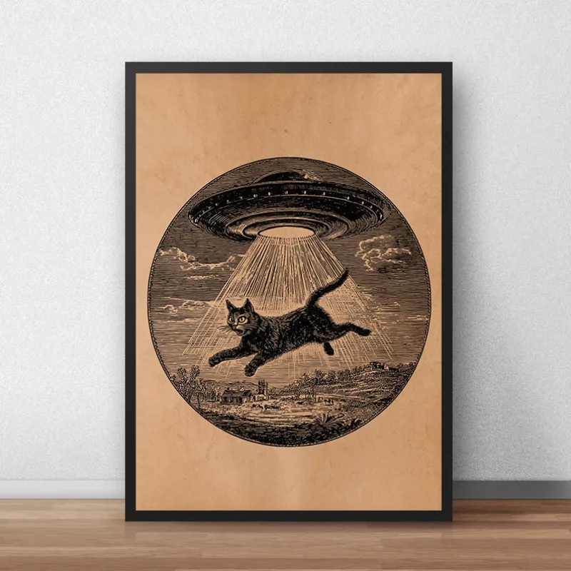 Antique Style Cat UFO Abduction Alien Medieval Knight Mouse Illustration Poste Canvas Painting Wall Art Pictures Home Decor