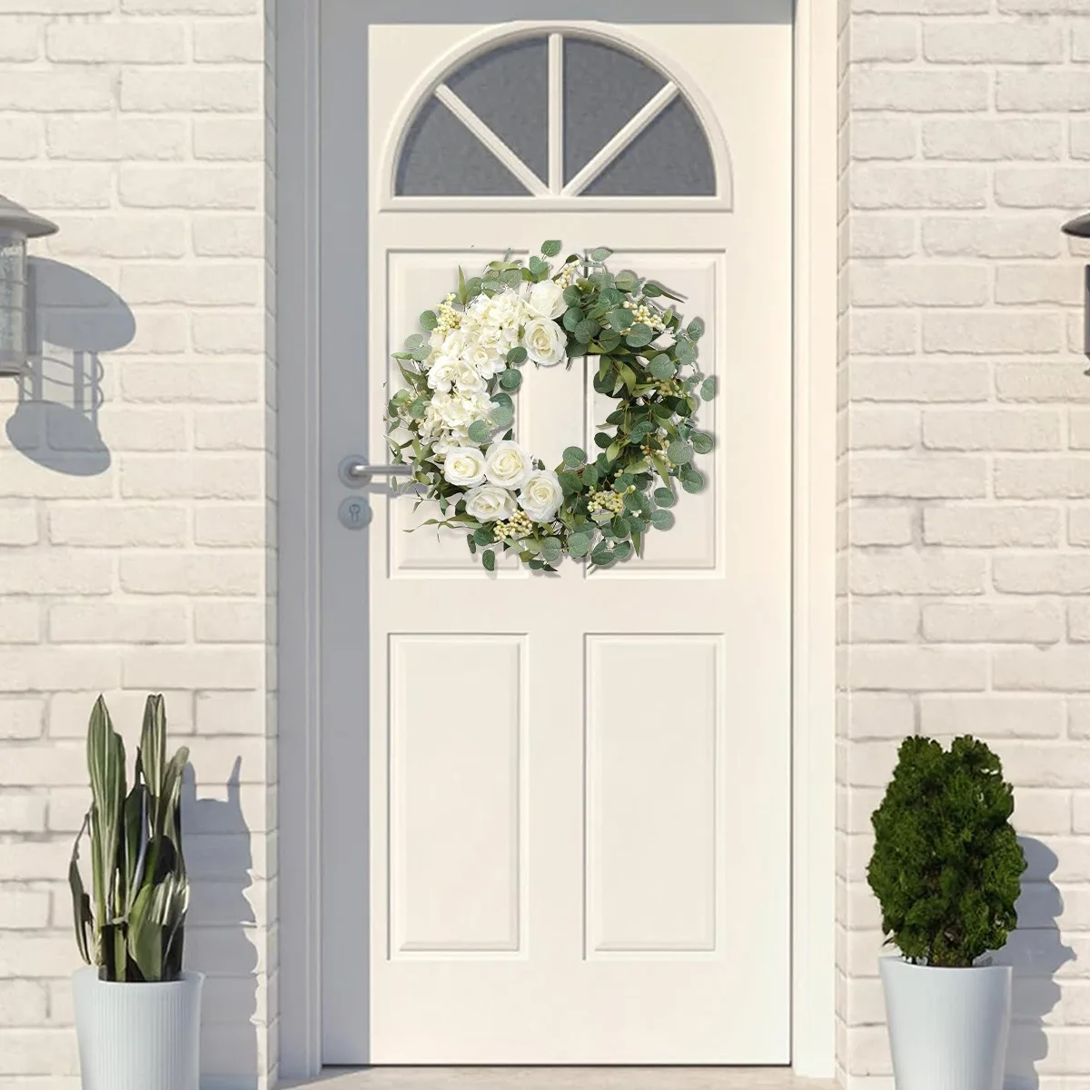 

17.7in Hydrangeas Spring Wreath for Front Door, Artificial Summer Green Wreaths with White Peony Hydrangeas Flowers for