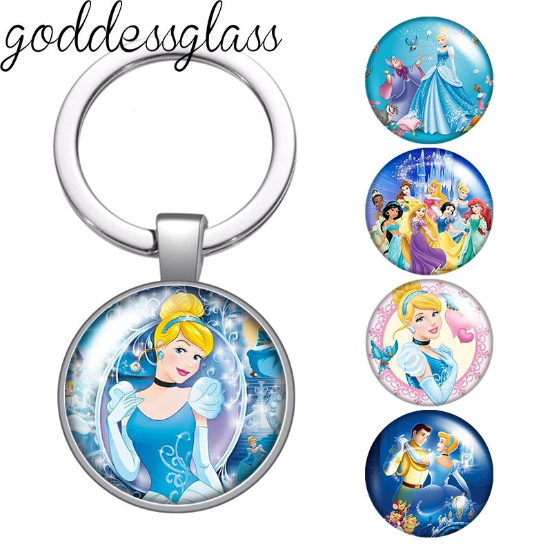 Disney Beauty Princess Cinderella magic Photo glass cabochon keychain Bag Car key chain Ring Holder Charms keychains gift