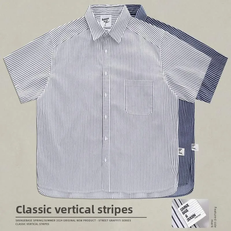 

Retro Japanese Sle Casual Striped ort Sve Men's irt Summer Heavy Feel Outerwear M Loose Fit Faionable Coat