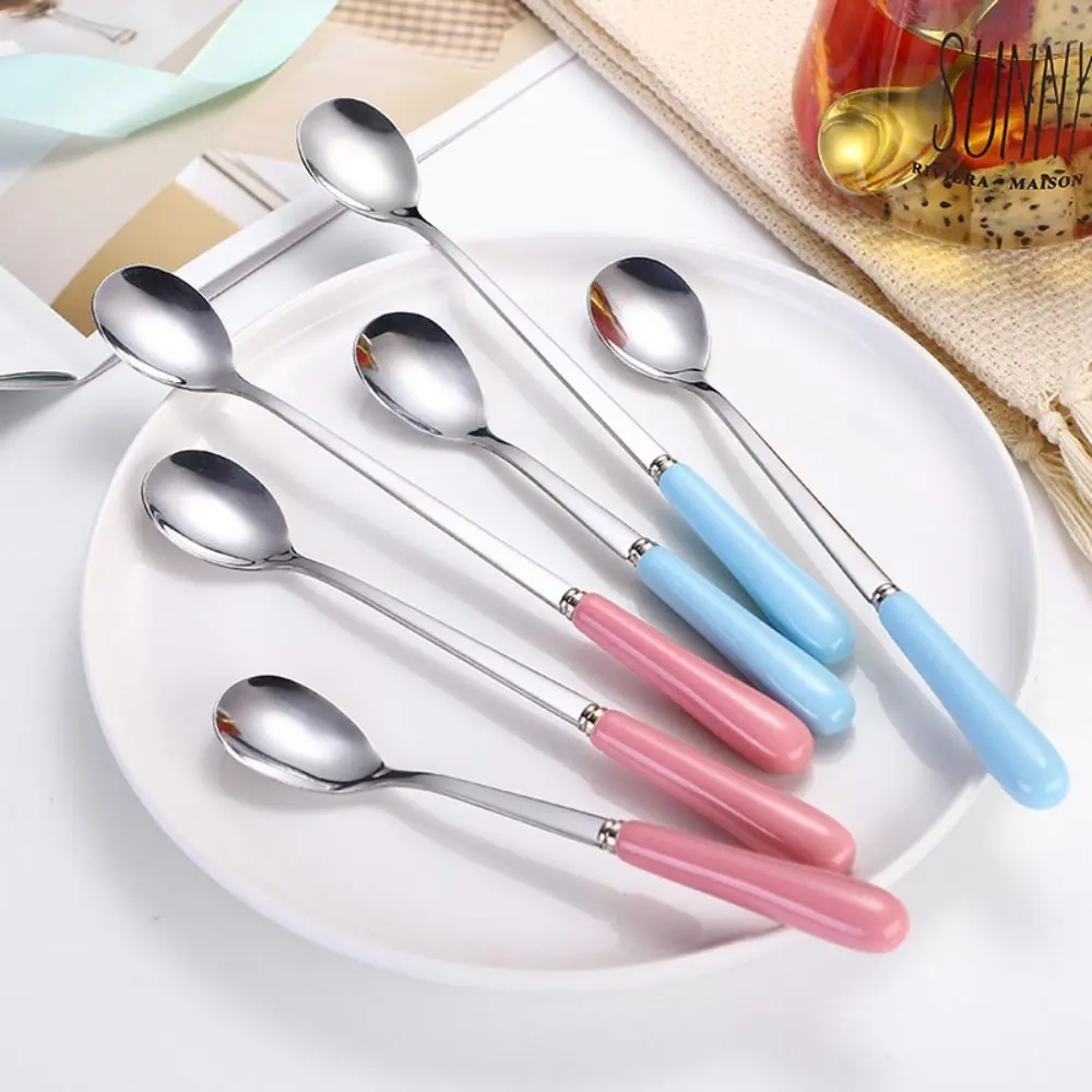 Kitchen Stainless Steel Ceramic Handle Ice Cream Coffee Spoons Stirrer Stirring Tool Teaspoon