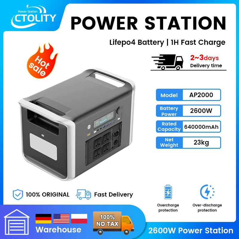 Centrale électrique portable, batterie Lifepo4, fonction UPS, camping, énergie d'urgence, stock d'entrepôt allemand, 1800W, 2400W