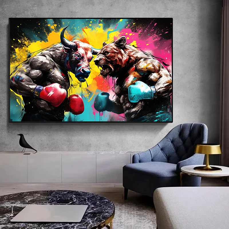 Graffiti Bear vs Bull Market Stock Trading Financial Entrepreneur Success Poster Canvas Painting Wall Art Pictures Home Decor