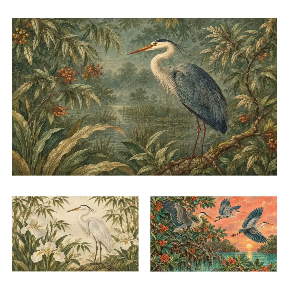 Blue Heron Vintage Floral Tapestry Durable Soft Microfiber Horizontal Wall Hanging Decor For Bedroom Patio Garden Parties