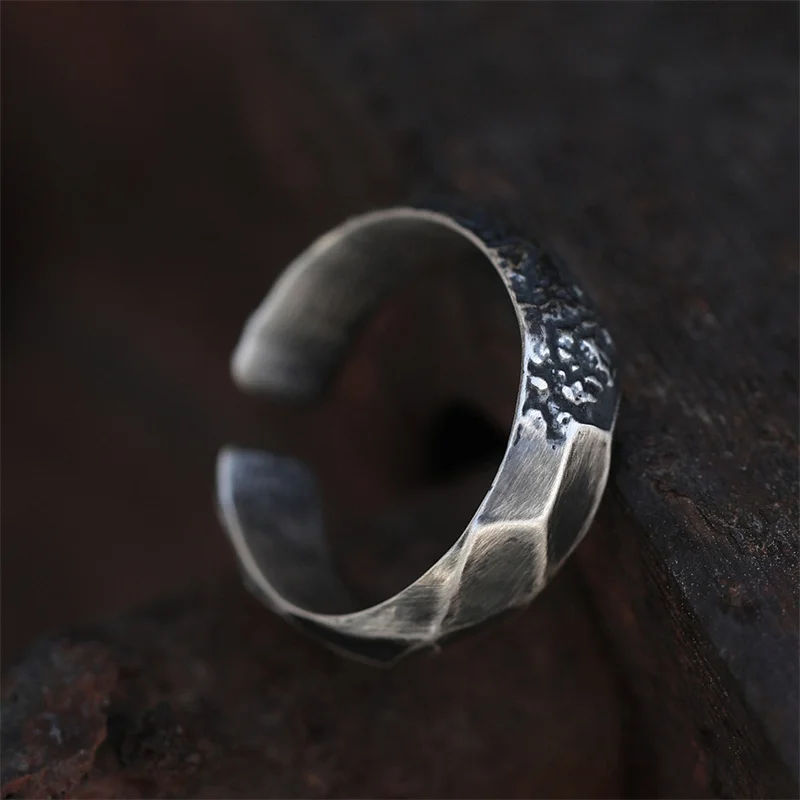 Vintage Fragmented Stones Pattern Ring For Men Index Finger Accessories Personalized Textures Ring 925 Silver Male Jewellrey