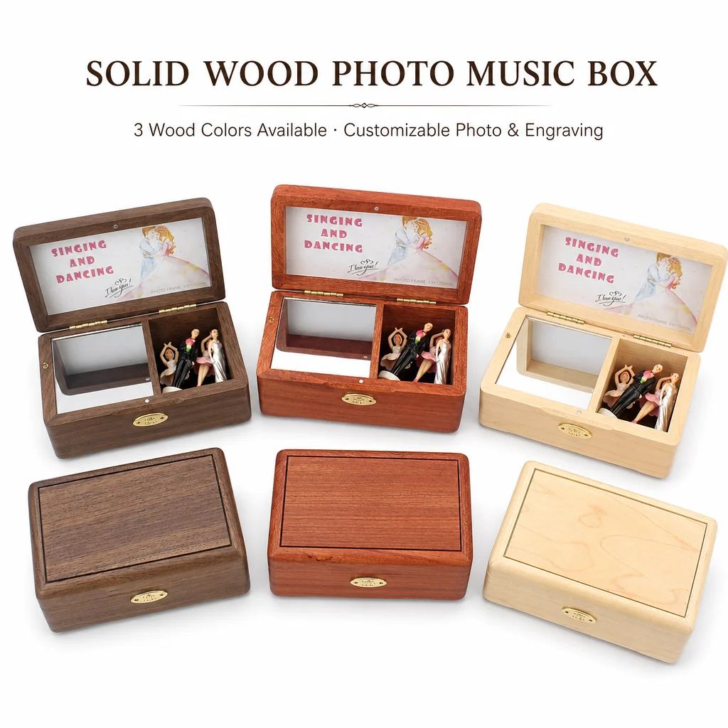 Dancing Music Box Wooden Jewelry Box with Photo Frame Mirror, Custom Engraved Anniversary Gift for Her Girlfriend Wife Mom