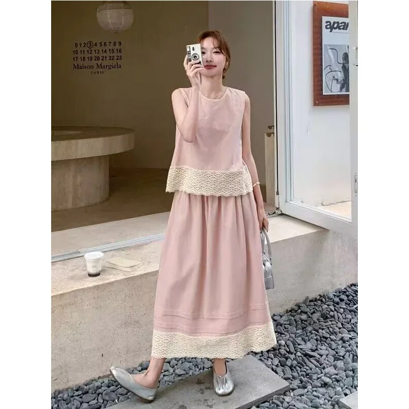 

2026 New Korean Fashion Two-piece Suit Female Fashionable Patchwork Lace O-neck Sleeveless Long Dress Simplicity Matching Sets