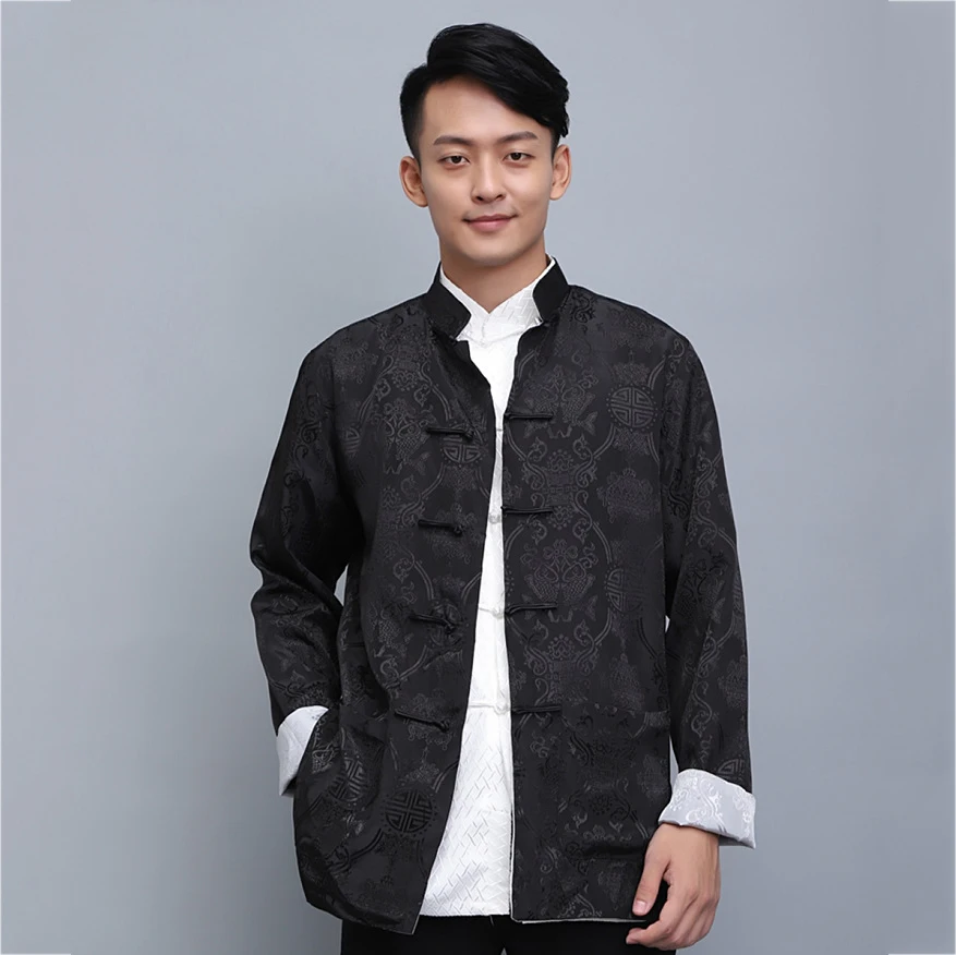 Large Size Chinese Traditional Tang Suit Men Jacket Coat Exquisite Jacquard Stand-Up Collar Long-Sleeved Shirt Spring Satin Tops