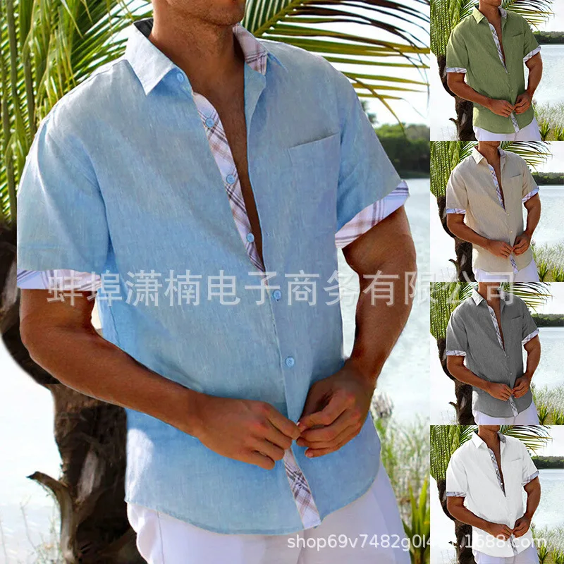 Men's Beach Vacation Shirt Short Sleeve Cardigan Contrast Lapel Shirt