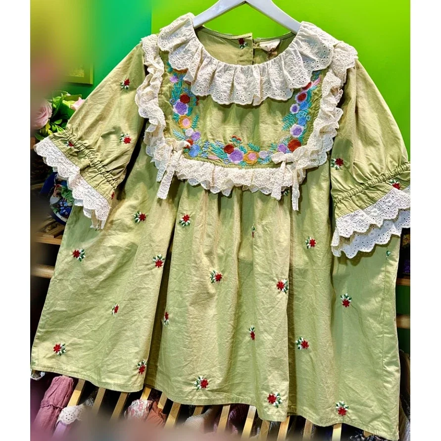 Female Sweet Kawaii Embroidery Summer Vintage Cotton Shirt Blouse Cottagecore Rococo Victorian Lolita Ruffled Lace Green Tops