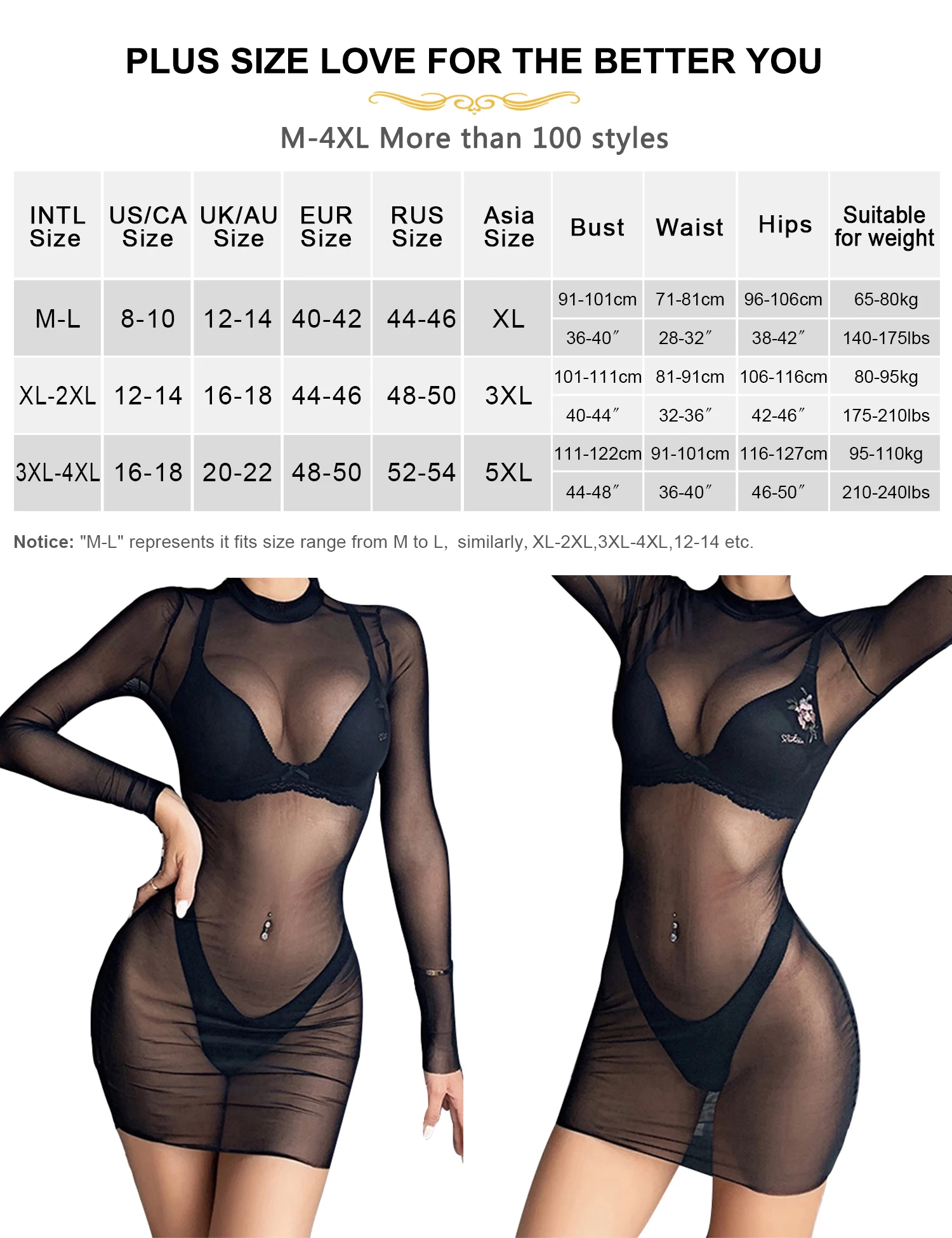 Ohyeahlady Women Sexy Mesh Long Sleeve Black Nightgowns Mini Dress Plus Size Black Sleepwear See Through Curve Babydoll Lingerie