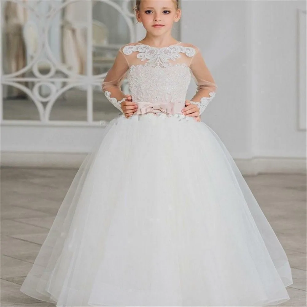 

Flower Girl Dresses White Tulle Puffy Appliques With 3D Flowers Lace Half Sleeve For Wedding Birthday Evening Princess Gowns