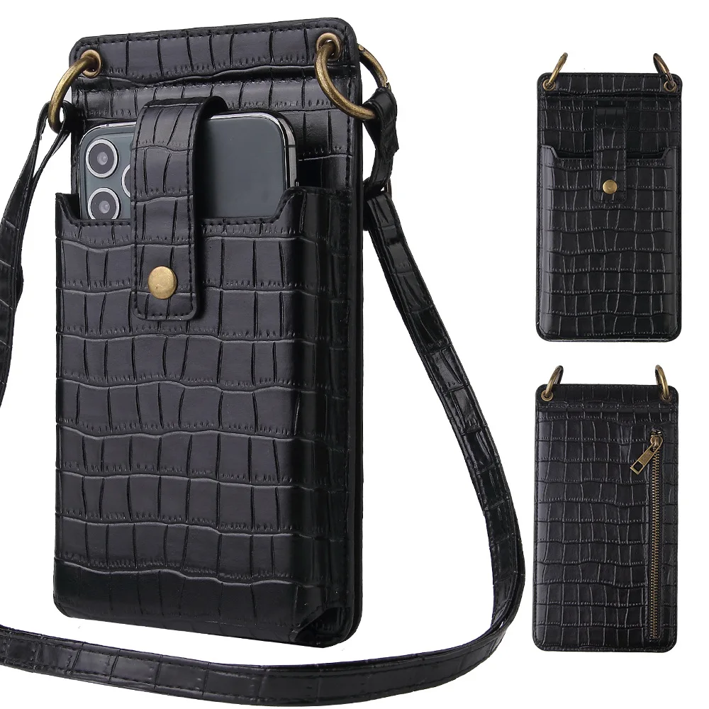 Women Zipper Retro Leather Crocodile Pattern Crossbody Phone Bag Female Messenger Shoulder Bag Wallet Card Bag for iPhone Huawei