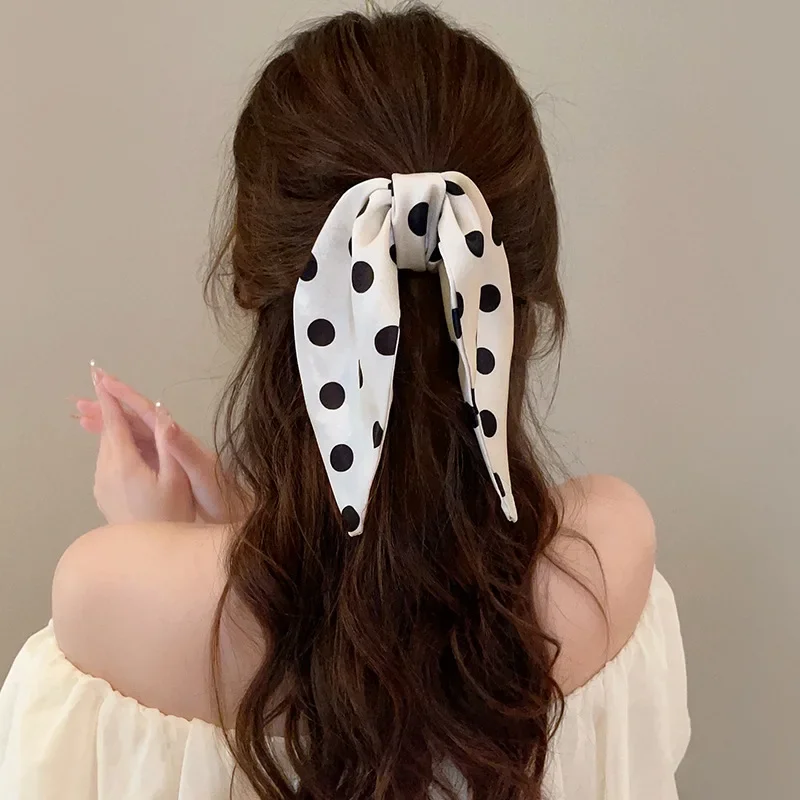 Polka Dot Ribbon Bow Hair Claw Women Girls Elegant Headwear Ribbon Shark Clip Sweet Cute Women Hair Accessories Daily Headwear