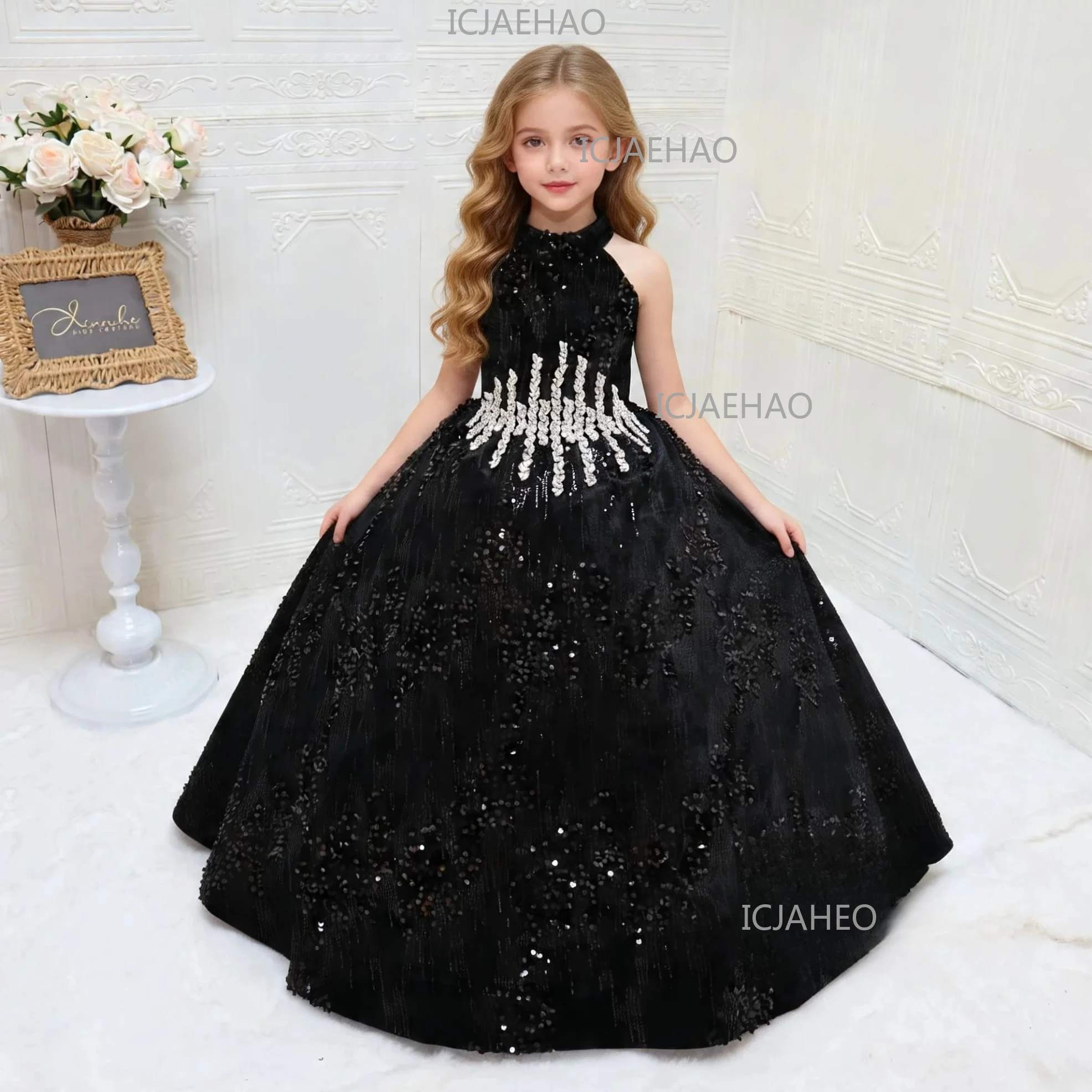 

Strapless Sequin Dress High End Party Girls Elegant Halter Long Dress Black Gorgeous Style Art Exam Performance Costume Trendy