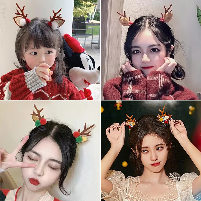 Christmas Headband Reindeer Antlers Horn Flower Hair Band Clasp Headwear for Kids Adult New Year Party Halloween Cosplay