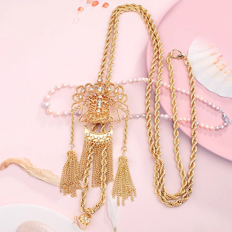 Long Chain Algeria Bride Pendant Necklace Gold Plated Ethnic Tassels Chain Necklace for Women Pendentif Diamant Femme