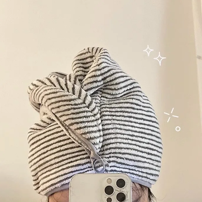 Microfiber Striped Hair Drying Towel Super Absorbent Quick Dry Wrap Cap Soft Breathable Head Turban for Women Girls Bathroom Spa
