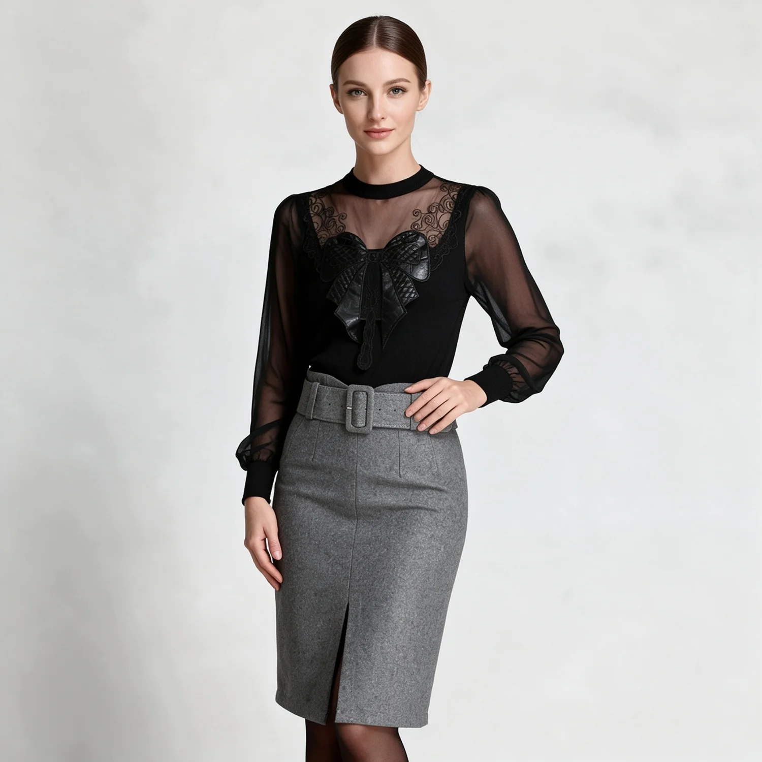 Pencil Skirt Women's Winter Thick Wrinkle-Resistant Wool Blend High Waist Wide Buckle Belt Slit Skirt