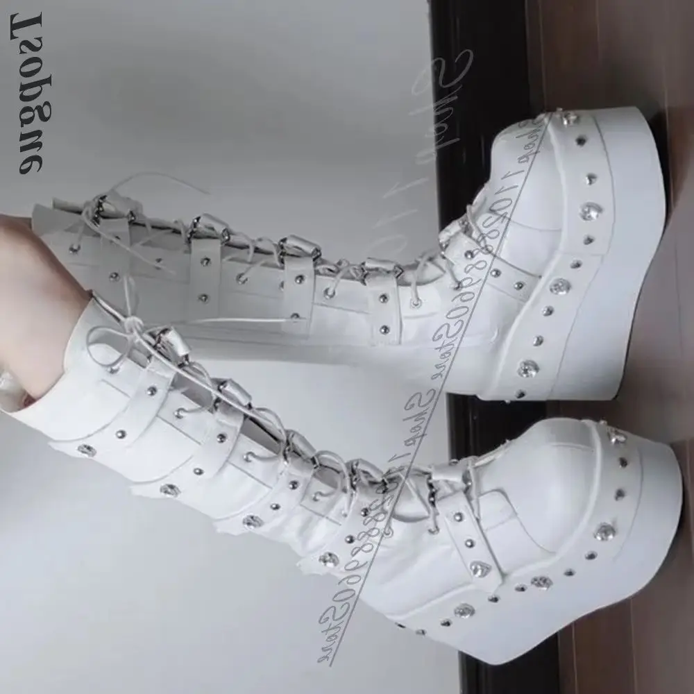 

Punk Knee High White Cross Tied Metal Decor Boots Wedges Heel Women Shoes Side Zipper Round Toe 2026 Fashion Zapatos Para Mujere