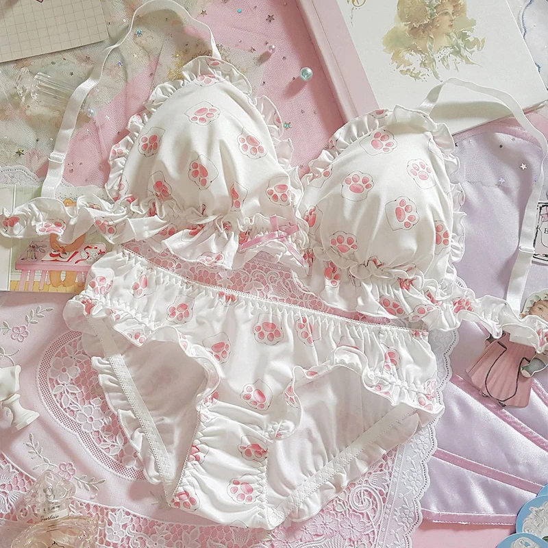 Underwear Set Women Kawaii Japanese Bra & Panties Set Wirefree Soft Underwear Sleep Intimates Set Cute Lolita Bra and Panty Set