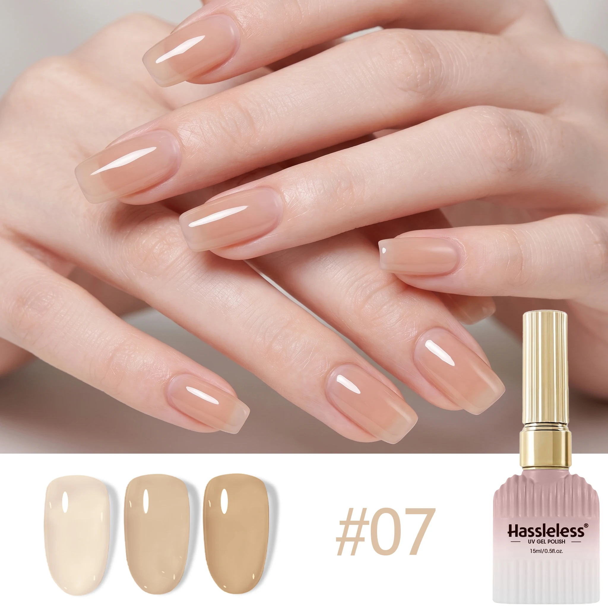 15ml Hassleless #07 Transparent Milk Coffee Nude Gel, Adjustable Shades, Long Lasting Gloss UV Gel For Daily Manicure view 2