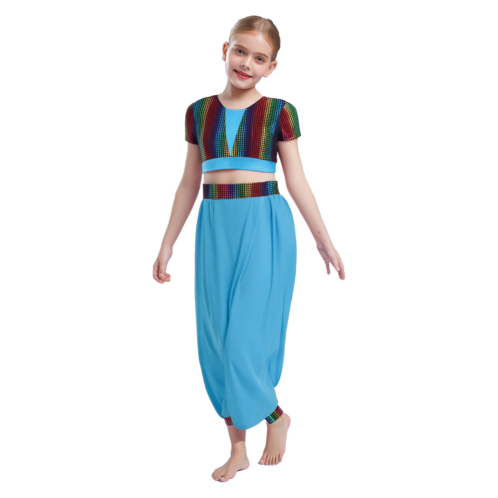 Vestito da ballo latino jazz per bambina, 2 pezzi, colletto tondo metallico, maniche corte, top corto con pantaloni a fiori, abbigliamento da ballo moderno per la pancia