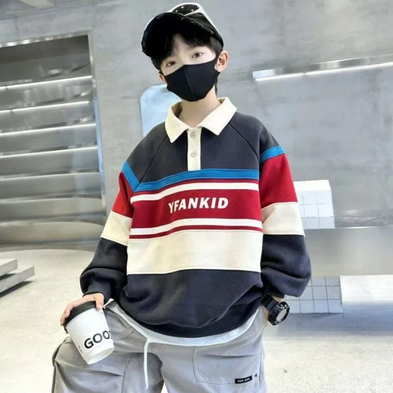 

Spring Autumn Children Striped Polo Sweatshirt for Teenage Boys Casual Turn Down Collar Sweatshirt Kids Fashion Cotton Outfit