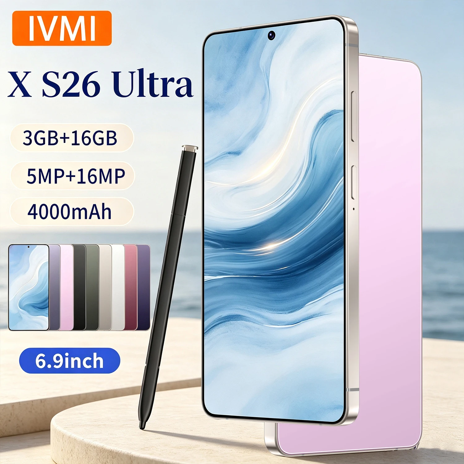هاتف IVMI الذكي 4G X S26 Ultra بنظام أندرويد، ذاكرة 3 جيجابايت + 16 جيجابايت، شريحتين، GPS، فتح بالوجه، واي فاي، متجر جوجل بلاي، رخيص، قلم مدمج، هاتف محمول