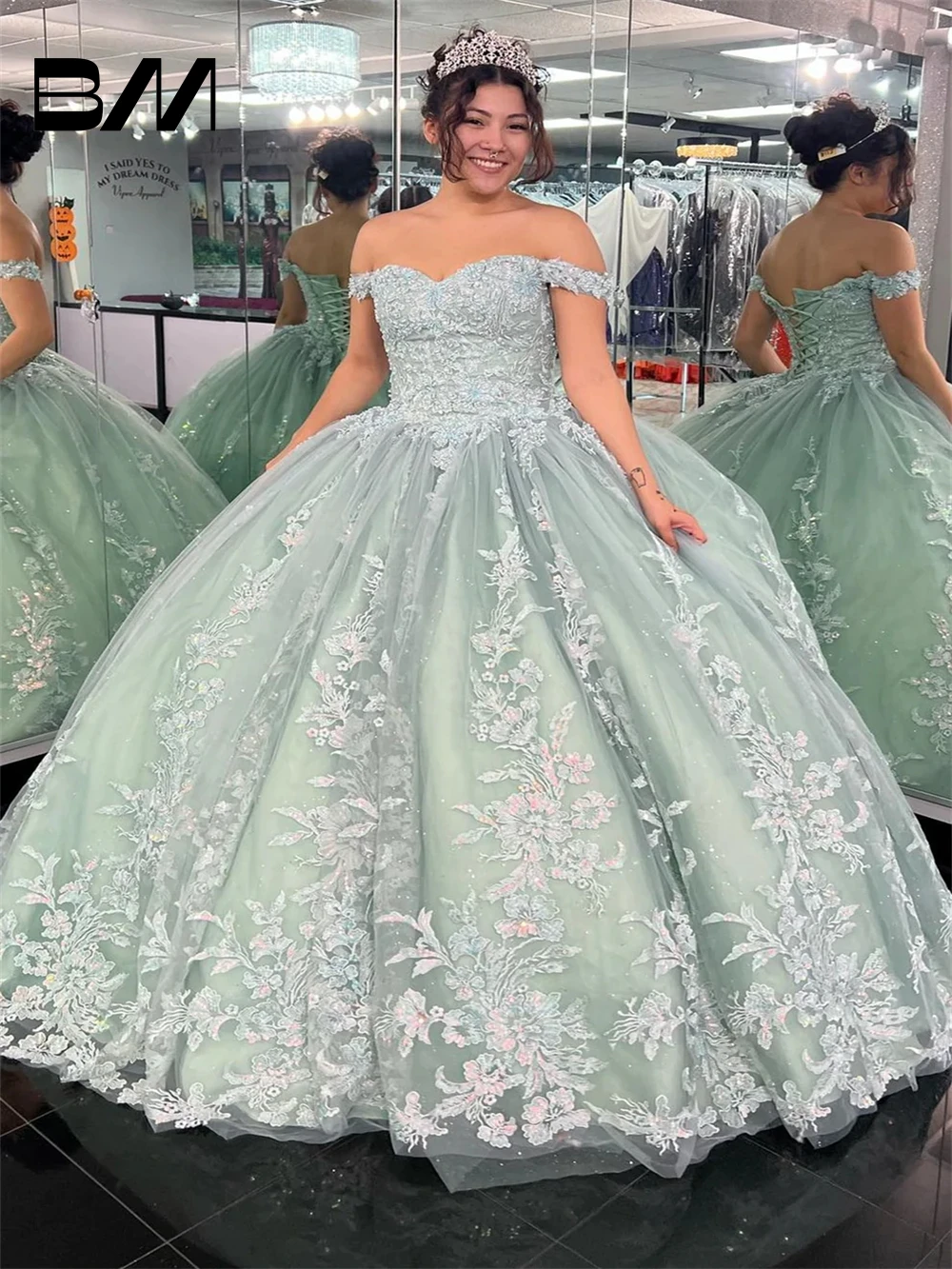 

Mint Floral Quinceanera Dress Off Shoulder Dress, Sweet 15 16 Ball Gown Sweetheart Tulle Women Party Gown Cocktail Dresses