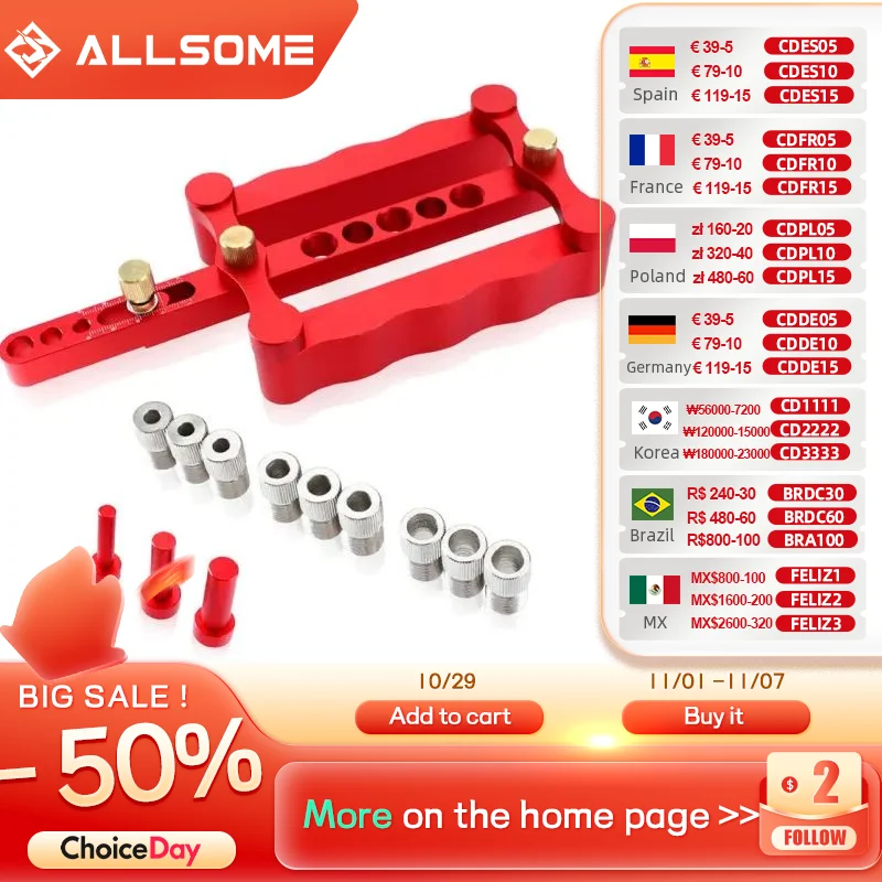 

Allsome 6/8/10mm Dowelling Jig Master Kit Self-Centering Dowel Jig Drilling Guide Set