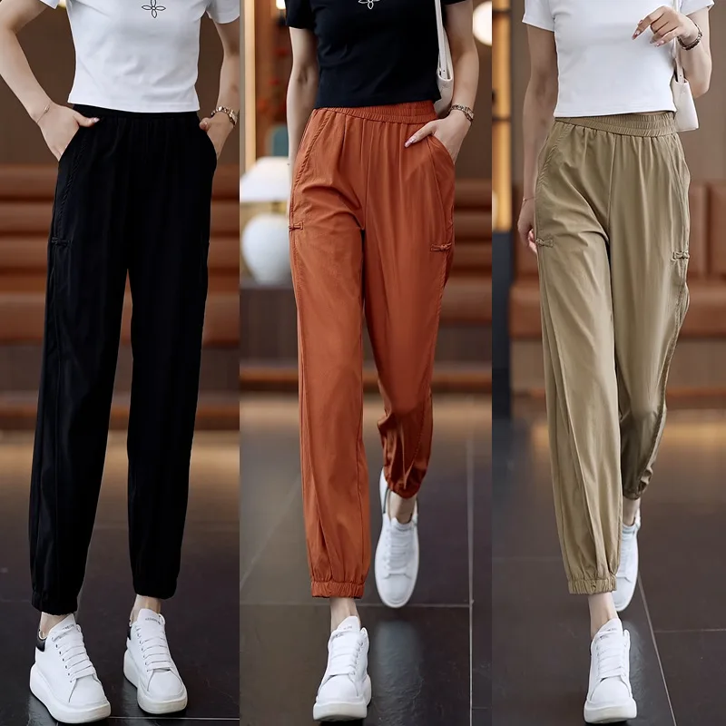 

Thin High Waist Bloomers Women's Cropped Loose New Chinese Style National Style Buckle Casual All-Matching Harem Pants