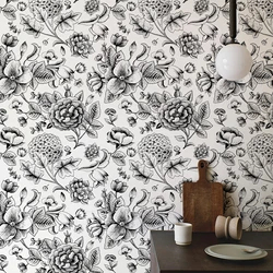 White And Black Floral PVC Wallpaper Retro Line Sketch Flower Leaf Peel And Stick Wallpaper Furniture Cabinet Sticker Decor