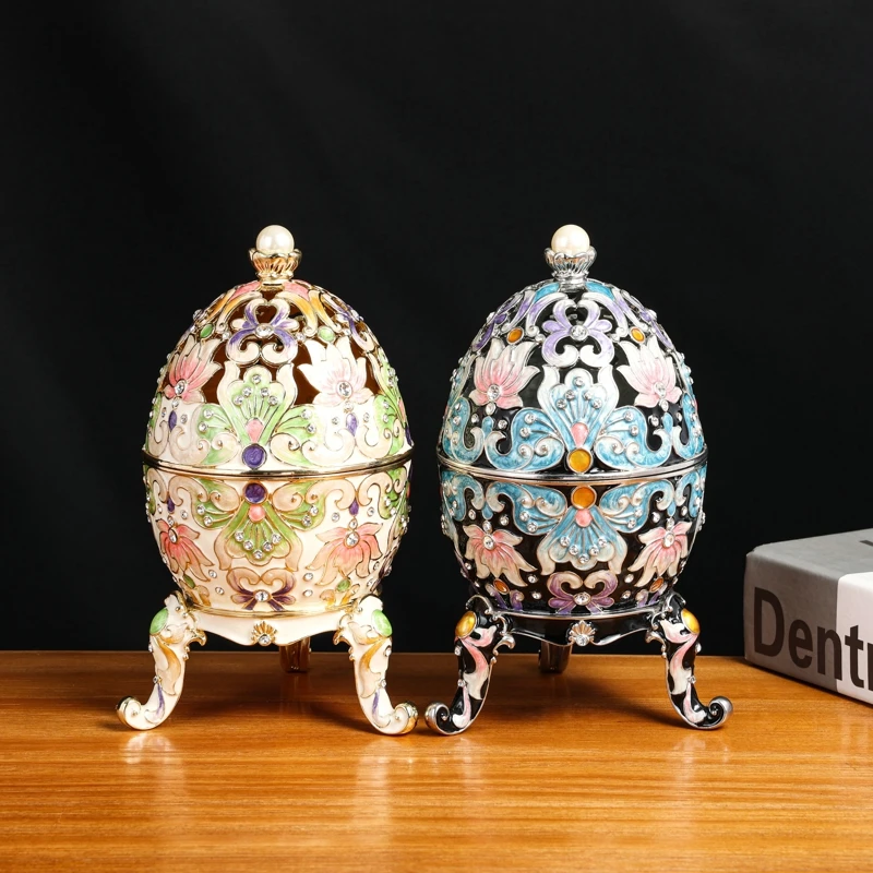 SHINNYGIFTS Easter Egg Style Trinket box Hinged  Hand Painted Decorative Flowers Egg Hinged Enameled Jewelry Box