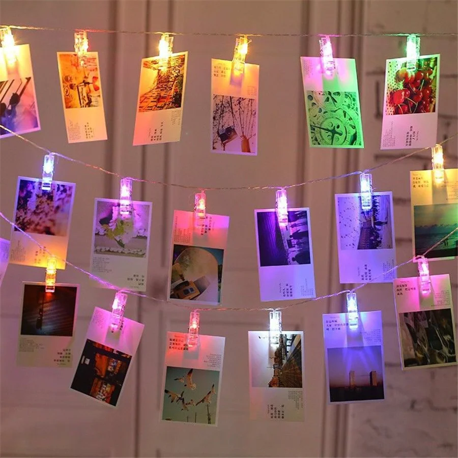 Bateria/USB Powered LED Photo Clip Holder Fairy String Lights Natal Garland Lights para Birthday Party Wedding Holiday Decor