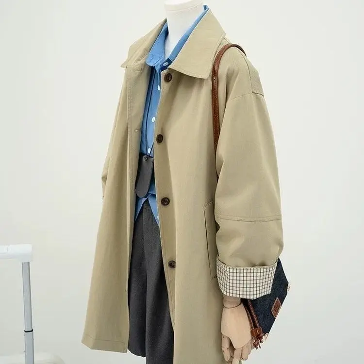

Design sense contrasting color khaki trench coat women's 2025 spring and autumn new loose casual tooling coat