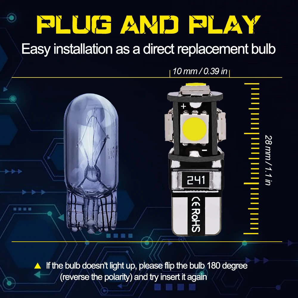 10x W5W T10 LED Bulb 2825 Car Interior Lights Error Free For Peugeot 4008 5008 307 206 308 407 207 406 208 3008 2008 508 408 306