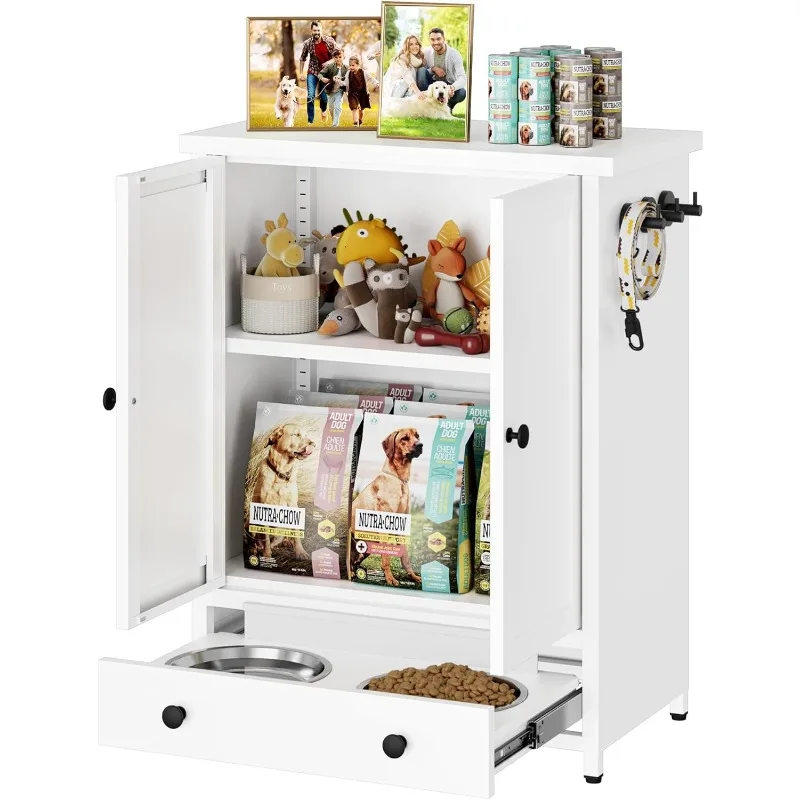 

Dog Feeding Station with Storage, Metal Pet Feeding Station, Dog Food Storage Cabinet with 2 Hidden Dog Bowls and 3 Hooks
